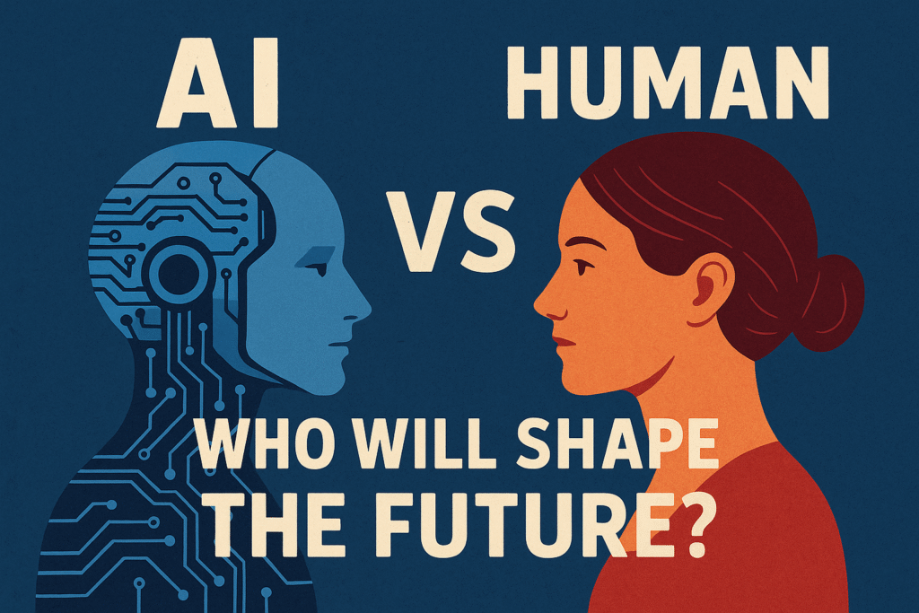 AI vs Humans: Who Will Shape the Future? A bold visual comparing AI and human intelligence, raising the question of who will lead the future—machines or mankind.