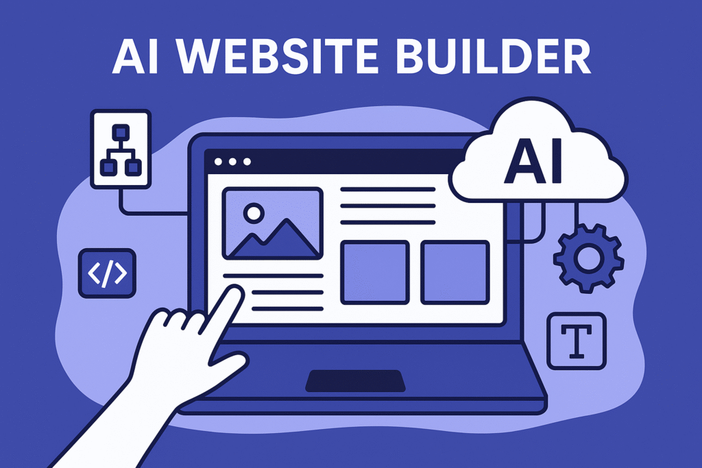 Illustration of an AI website builder interface showing a laptop screen, design blocks, AI cloud icon, and interactive web design elements.