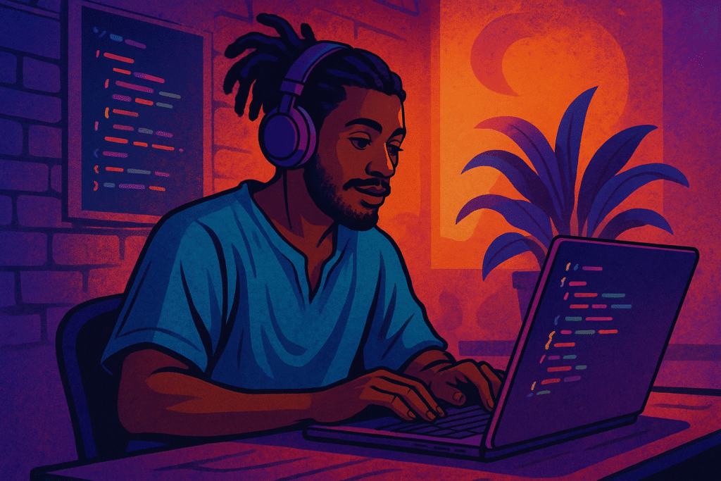 Relaxed developer sitting in a cafe using AI tools for vibe coding on a laptop, representing the future of low-stress programming.