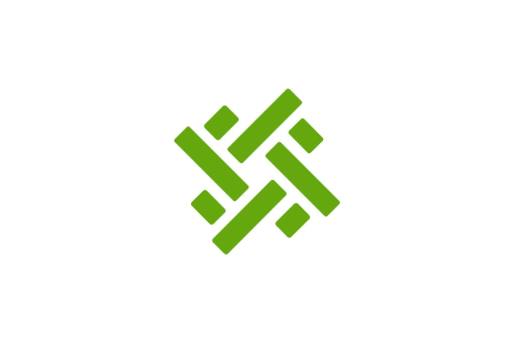 AiAssistWorks- A geometric, green minimalist logo featuring interlocking rectangular bars arranged in a cross-weave pattern on a plain white background.