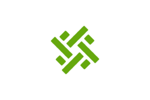 AiAssistWorks- A geometric, green minimalist logo featuring interlocking rectangular bars arranged in a cross-weave pattern on a plain white background.