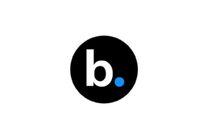 Beautiful.ai logo. A minimalist circular logo featuring a white lowercase letter "b" followed by a bright blue period on a solid black background.