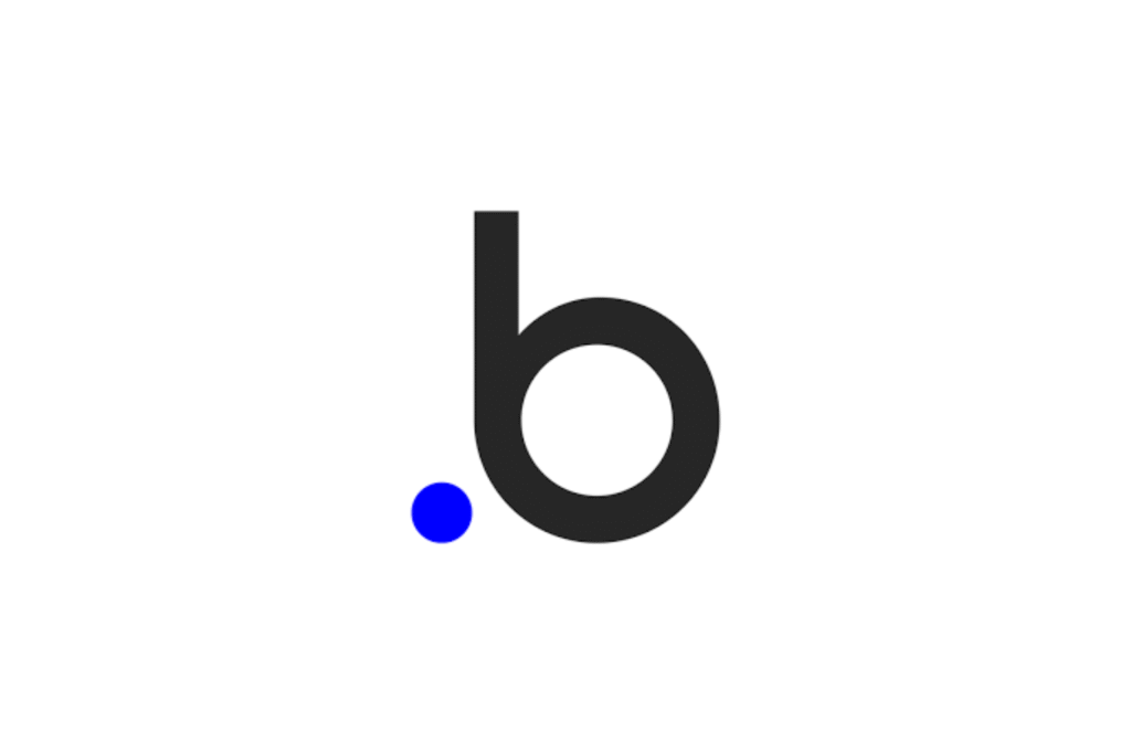 Bubble logo. A minimalist logo featuring a lowercase black letter "b" preceded by a small blue solid circle on a white background.
