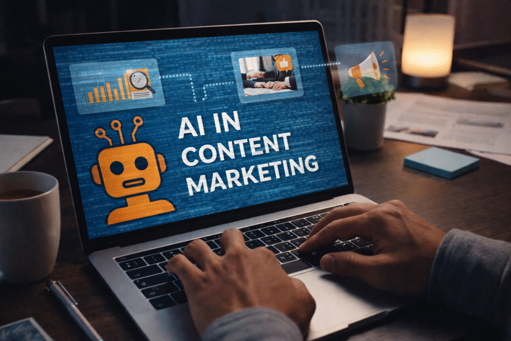 Laptop screen showing AI in Content Marketing with analytics, automation, and marketing icons while a professional types at a desk.