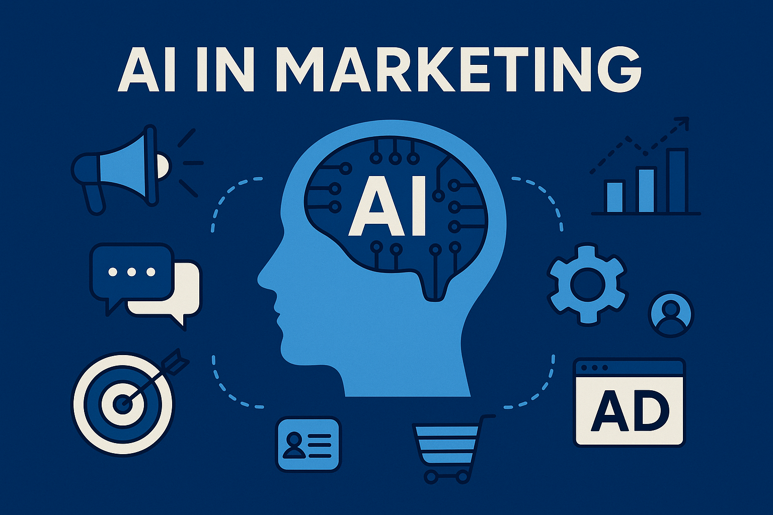 A digital illustration showing a human head with an AI brain circuit surrounded by marketing icons like ads, charts, shopping cart, gear, and megaphone, representing AI in marketing.