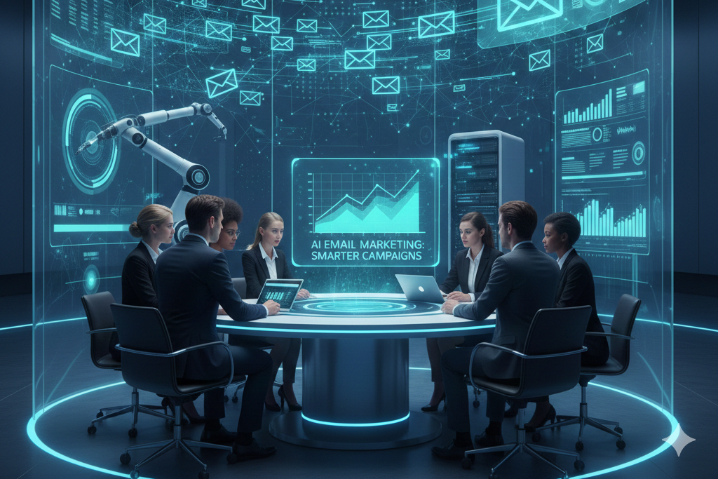 A group of six diverse business professionals in formal attire are seated around a glowing, futuristic circular conference table in a dark, high-tech room. They are discussing AI email marketing. Curved, transparent holographic screens surround them, displaying a network of interconnected digital envelope icons, data points, graphs showing an upward trend, and a robotic arm interface.