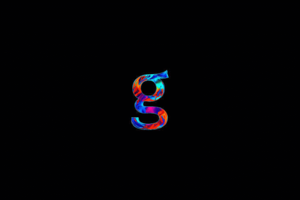 A vibrant, lowercase letter g representing Getimg.ai centered on a solid black background, featuring a glossy, multi-colored liquid swirl pattern in shades of electric blue, fiery orange, and deep purple.