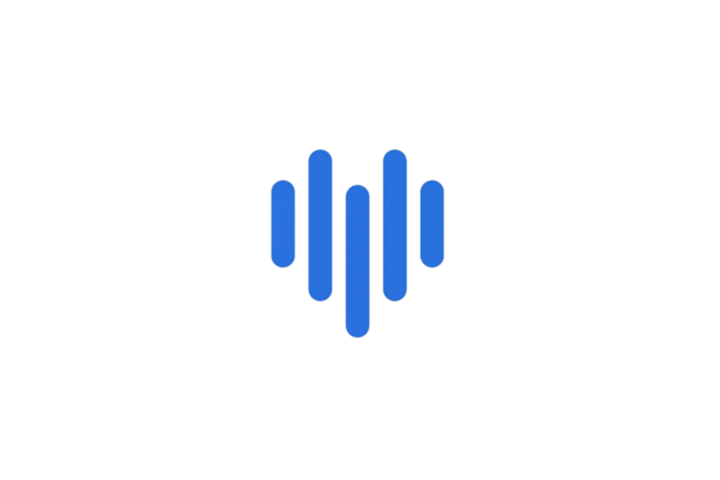 LOVO AI logo. A minimalist blue logo for LOVO AI featuring five vertical rounded bars of varying heights arranged in a heart shape.