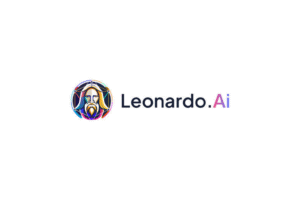 A colorful, stylized logo for Leonardo AI featuring a circular emblem of a man with a long white beard and hair, resembling Leonardo da Vinci, set against a dark background with geometric lines and vibrant accents, followed by the text "Leonardo.Ai" in a clean, dark sans-serif font.