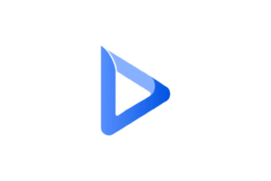 Renderforest logo. A blue, stylized triangular "play" button logo with layered geometric folds.