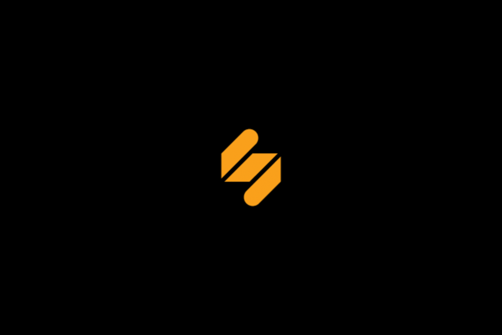 Simplified logo. A minimalist orange logo composed of three diagonal parallel bars forming a stylized letter 'S' against a solid black background.