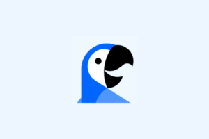 SlideSpeak. A minimalist, colorful logo of a blue and white parrot facing right on a light blue background.