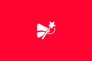 Thumbmagic logo. A white minimalist logo featuring a play button icon integrated with a magic wand topped by a star, centered on a solid red background.