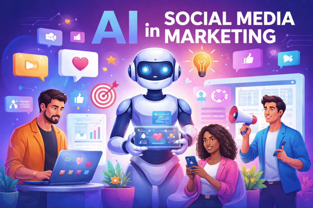 Illustration showing an AI robot collaborating with marketers, surrounded by social media icons, analytics dashboards, and engagement symbols, representing AI in social media marketing.