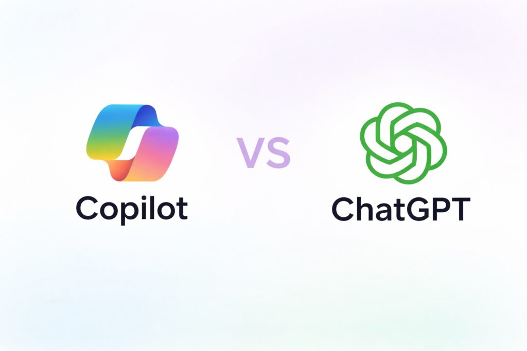 Copilot vs ChatGPT comparison image showing Microsoft Copilot logo on the left and ChatGPT logo on the right with “VS” in the center.