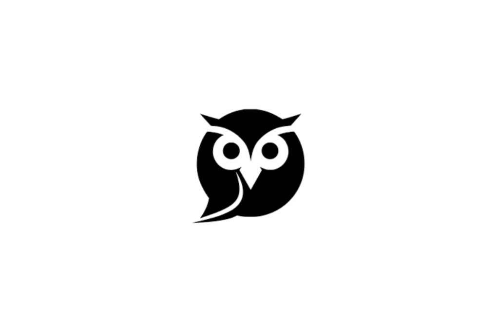 Dessix.io logo. A minimalist black and white circular logo of an owl where the wing's curve forms a subtle speech bubble shape.