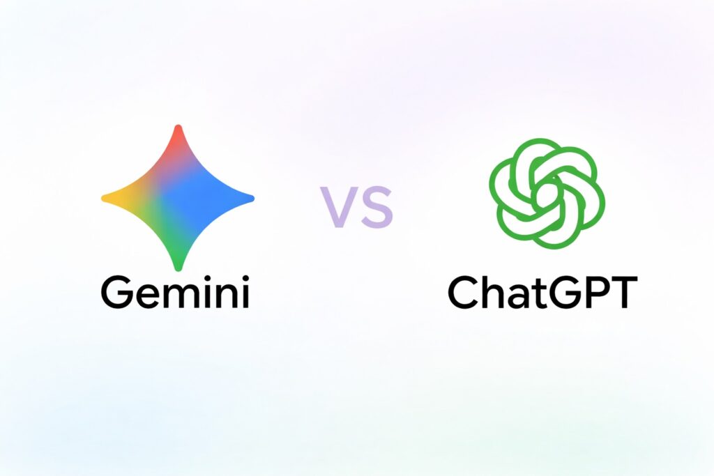 Gemini vs ChatGPT comparison image showing the Google Gemini logo on the left and the ChatGPT logo on the right with “VS” in the center on a light background.