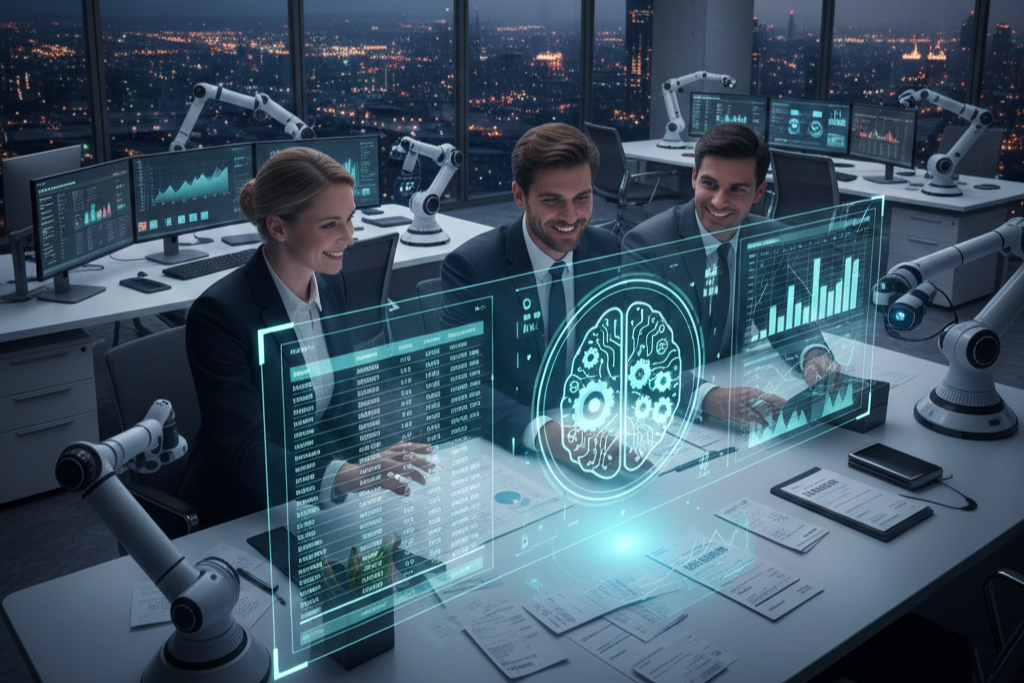 AI in Accounting. Modern accountants in a high-tech office collaborating around a holographic interface showing financial data and a digital brain, representing artificial intelligence in finance.