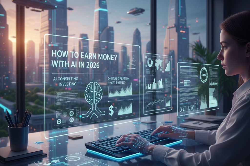 A woman sits at a futuristic desk in a high-rise office overlooking a 2026 cityscape with flying vehicles. She is interacting with holographic displays showing financial charts, a digital brain icon, and the text "HOW TO EARN MONEY WITH AI IN 2026."