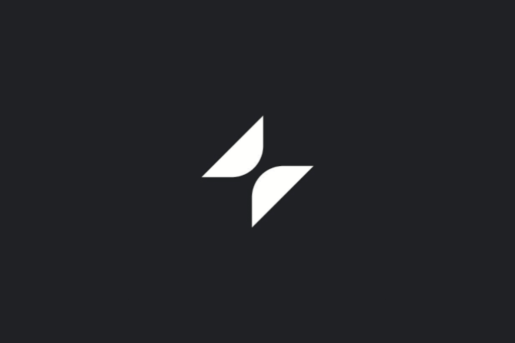 Glide logo. A minimalist white geometric logo consisting of two symmetrical, curved wing-like shapes facing each other on a dark charcoal background.