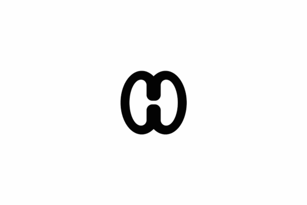 A minimalist black logo featuring two interlocking oval shapes that form a stylized letter "H" in the center.