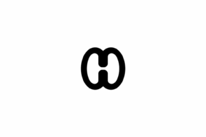 A minimalist black logo featuring two interlocking oval shapes that form a stylized letter "H" in the center.