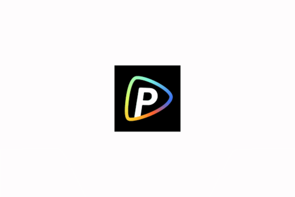 Polo AI logo. A modern logo featuring a white italicized letter "P" centered inside a rounded triangular play button outlined with a vibrant multi-color gradient on a black square.