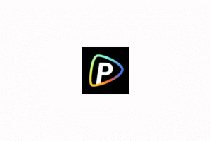 Polo AI logo. A modern logo featuring a white italicized letter "P" centered inside a rounded triangular play button outlined with a vibrant multi-color gradient on a black square.
