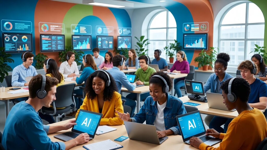 Students using AI tools in a creative classroom setting for enhanced learning in 2026